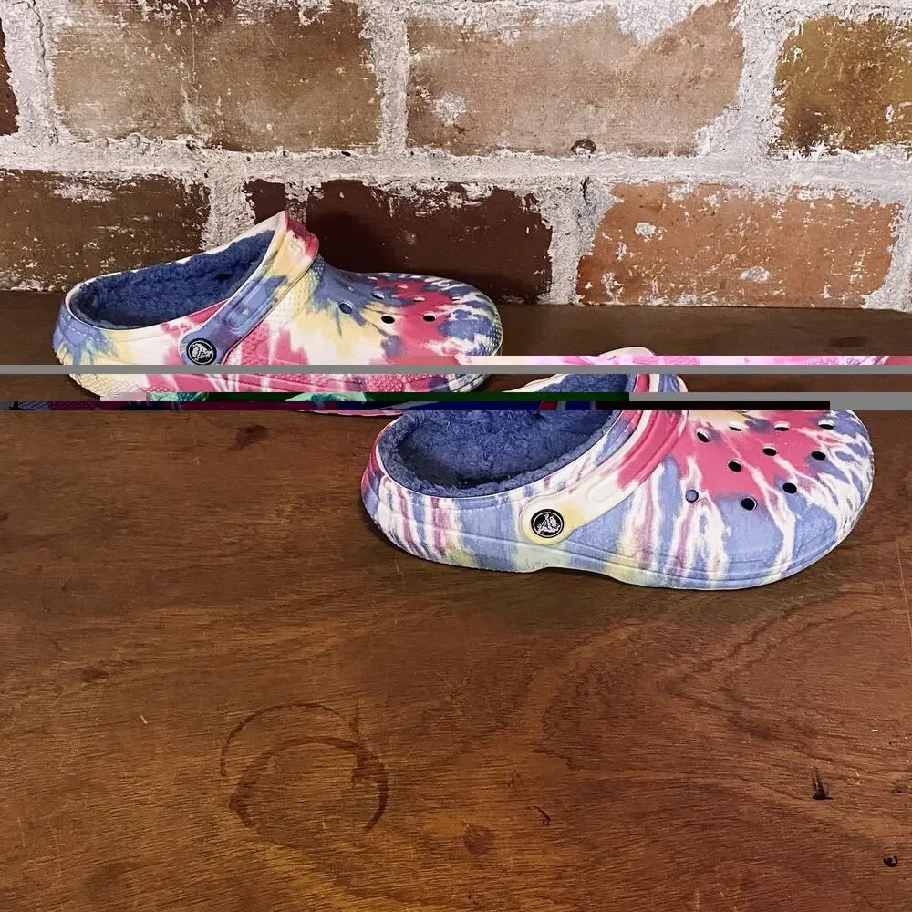 Red Blue Yellow Tie Dye‎ Crocs Fuzzy Insole Unisex Men 4 Women 6